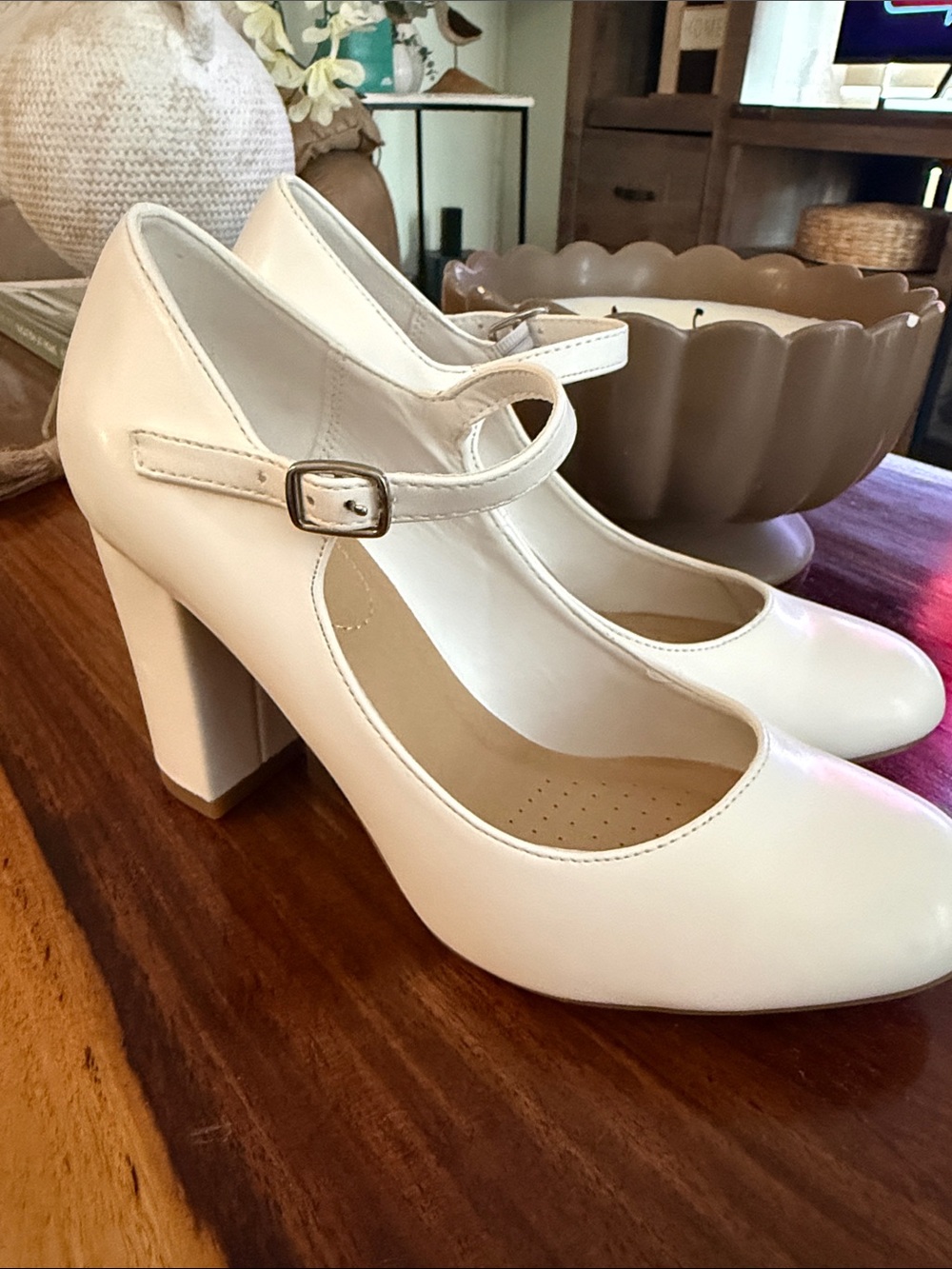 Women’s White Mary Jane Block Heel Pump with Buckle Strap